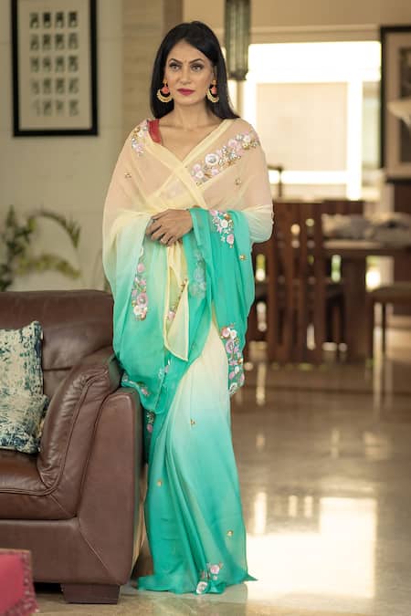 Ruar India_Yellow Chiffon Floral Ombre Embroidered Saree With Blouse _Online_at_Aza_Fashions