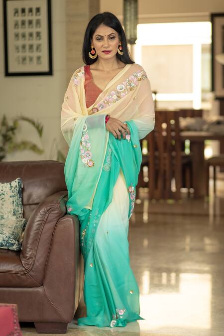 Buy_Ruar India_Yellow Chiffon Floral Ombre Embroidered Saree With Blouse _Online_at_Aza_Fashions