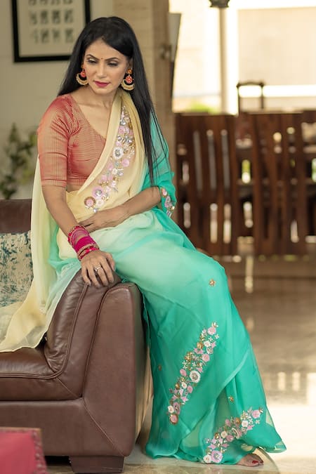 Shop_Ruar India_Yellow Chiffon Floral Ombre Embroidered Saree With Blouse _Online_at_Aza_Fashions