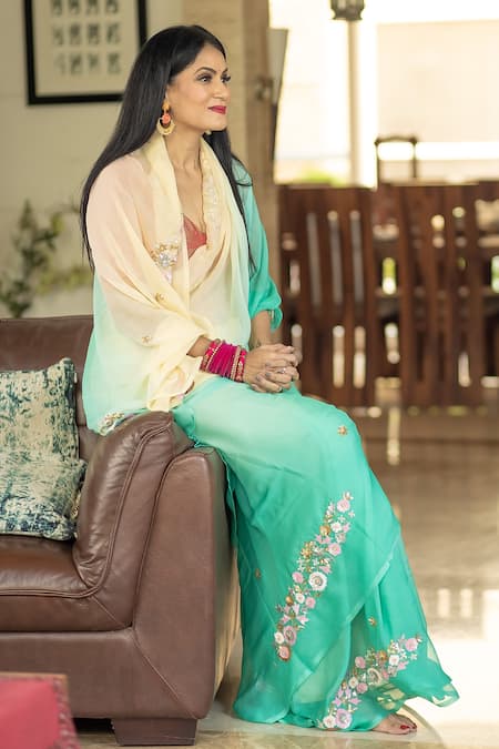 Ruar India_Yellow Chiffon Floral Ombre Embroidered Saree With Blouse _at_Aza_Fashions