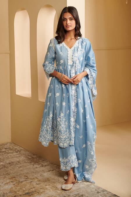 Shop Mulmul Blue 100% Pure Mulmul Embroidered Lace V Neck Pairi Anarkali Pant Set at Aza Fashions Shop_Mulmul_Blue 100% Pure Mulmul Embroidered Lace V Neck Pairi Anarkali Pant Set _at_Aza_Fashions