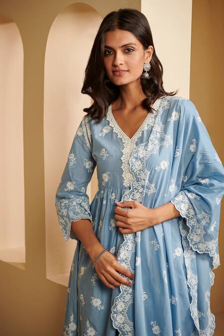 Mulmul Blue 100% Pure Mulmul Embroidered Lace V Neck Pairi Anarkali Pant Set Online at Aza Fashions Mulmul_Blue 100% Pure Mulmul Embroidered Lace V Neck Pairi Anarkali Pant Set _Online_at_Aza_Fashions