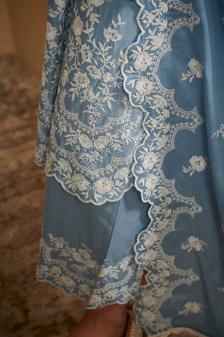 Buy Mulmul Blue 100% Pure Mulmul Embroidered Lace V Neck Pairi Anarkali Pant Set Online at Aza Fashions Buy_Mulmul_Blue 100% Pure Mulmul Embroidered Lace V Neck Pairi Anarkali Pant Set _Online_at_Aza_Fashions