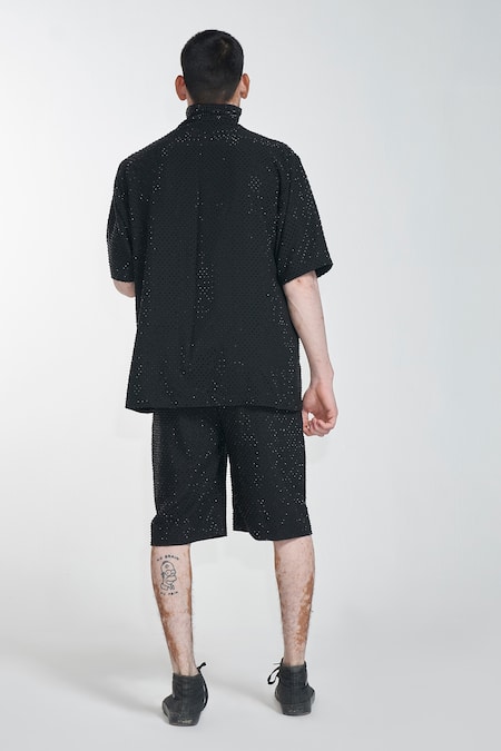 Shop Itrh Black Lining Butter Crystals Embellished T-shirt And Short Pant Set at Aza Fashions Shop_Itrh_Black Lining Butter Crystals Embellished T-shirt And Short Pant Set _at_Aza_Fashions