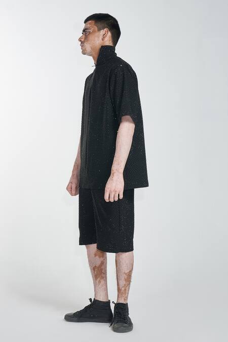 Itrh Black Lining Butter Crystals Embellished T-shirt And Short Pant Set Online at Aza Fashions Itrh_Black Lining Butter Crystals Embellished T-shirt And Short Pant Set _Online_at_Aza_Fashions