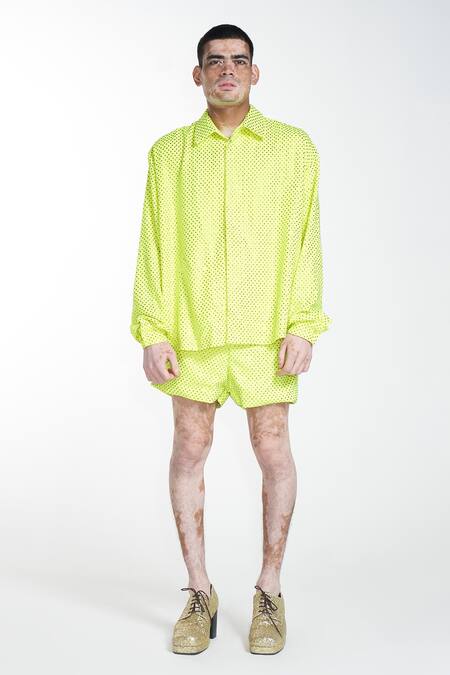 Shop Itrh Green Lining Butter Embellished Swarovski Shirt And Short Pant Set Online at Aza Fashions Shop_Itrh_Green Lining Butter Embellished Swarovski Shirt And Short Pant Set_Online_at_Aza_Fashions
