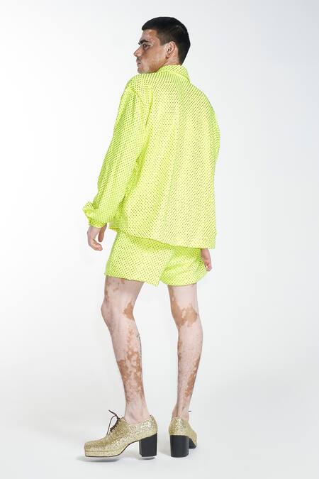 Shop Itrh Green Lining Butter Embellished Swarovski Shirt And Short Pant Set at Aza Fashions Shop_Itrh_Green Lining Butter Embellished Swarovski Shirt And Short Pant Set_at_Aza_Fashions