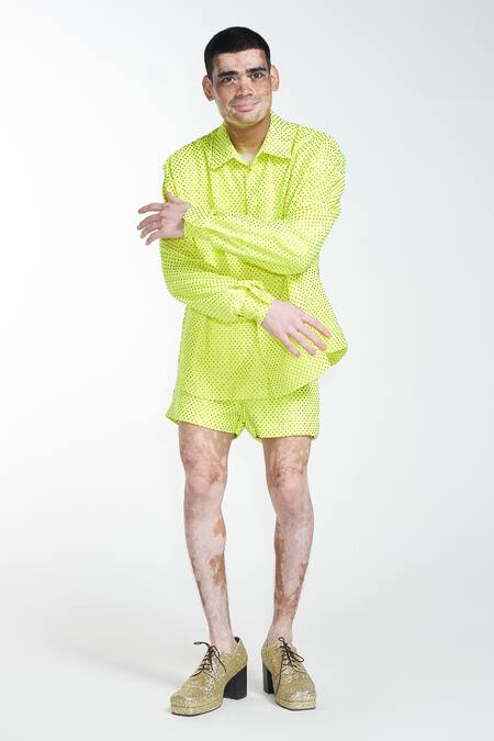 Buy Itrh Green Lining Butter Embellished Swarovski Shirt And Short Pant Set Online at Aza Fashions Buy_Itrh_Green Lining Butter Embellished Swarovski Shirt And Short Pant Set_Online_at_Aza_Fashions