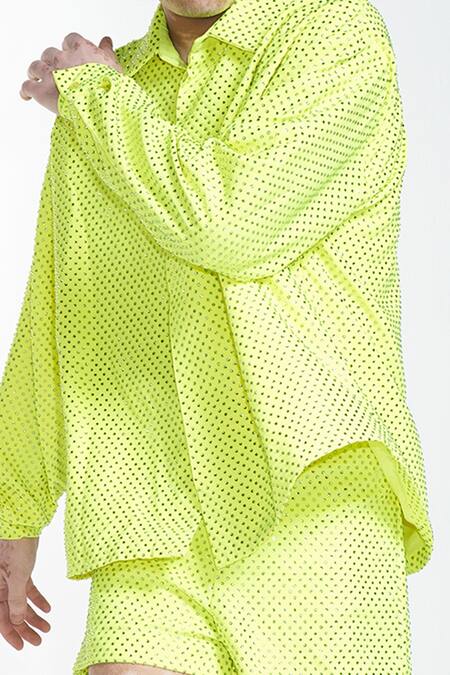 Itrh Green Lining Butter Embellished Swarovski Shirt And Short Pant Set at Aza Fashions Itrh_Green Lining Butter Embellished Swarovski Shirt And Short Pant Set_at_Aza_Fashions