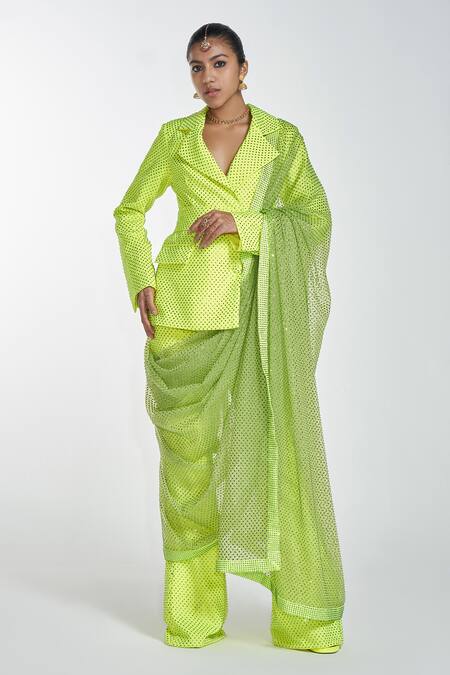 Buy_Itrh_Green Crepe Embellished Crystal Notched Lapel Pant Set With Dupatta_Online_at_Aza_Fashions