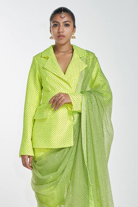 Itrh_Green Crepe Embellished Crystal Notched Lapel Pant Set With Dupatta_at_Aza_Fashions