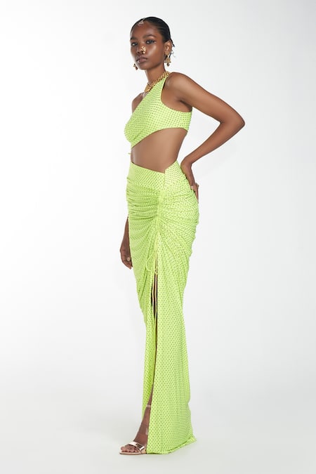 Itrh Green Jersey Crystal Asymmetric Embellished Skirt Set Online at Aza Fashions Itrh_Green Jersey Crystal Asymmetric Embellished Skirt Set _Online_at_Aza_Fashions