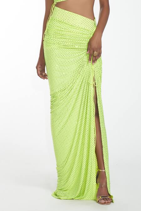 Shop Itrh Green Jersey Crystal Asymmetric Embellished Skirt Set Online at Aza Fashions Shop_Itrh_Green Jersey Crystal Asymmetric Embellished Skirt Set _Online_at_Aza_Fashions