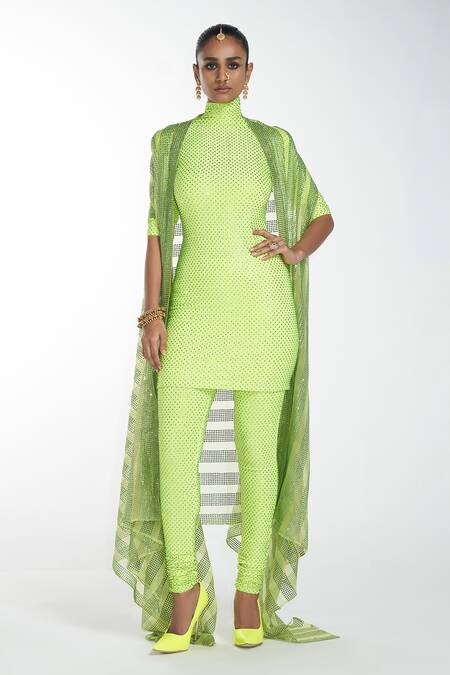 Itrh_Green Organza, Jersey Crystal Open Embellished Cape And Kurta Set_Online_at_Aza_Fashions