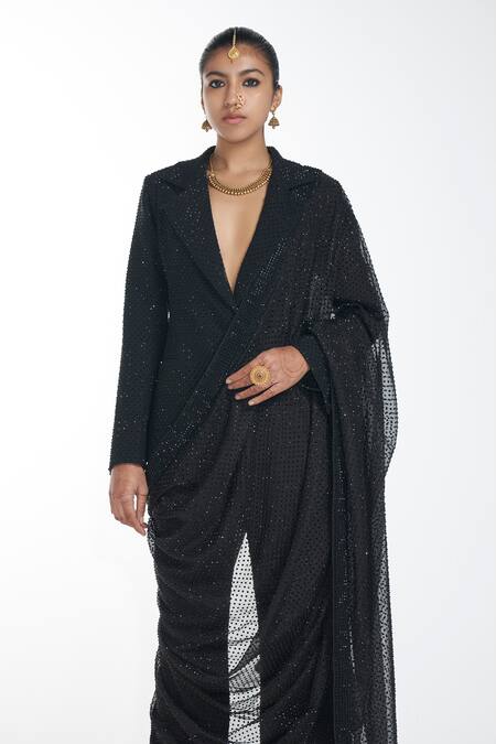 Shop_Itrh_Black Crepe Embellished Crystal Notched Lapel Pant Set With Dupatta_Online_at_Aza_Fashions