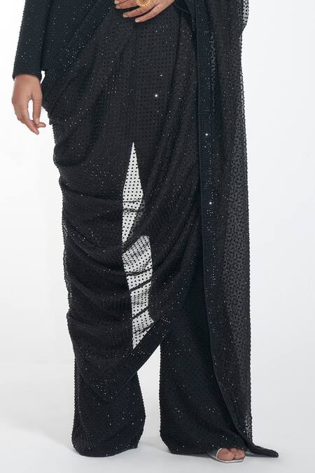Itrh_Black Crepe Embellished Crystal Notched Lapel Pant Set With Dupatta_at_Aza_Fashions