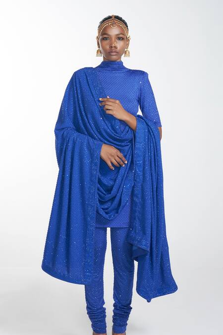 Itrh Blue Crepe, Jersey Crystal Polo Embellished Neck Kurta Set Online at Aza Fashions Itrh_Blue Crepe, Jersey Crystal Polo Embellished Neck Kurta Set_Online_at_Aza_Fashions