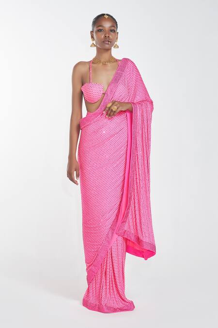 Buy_Itrh_Pink Jersey Crystal Sweetheart Neck Embellished Pre-draped Saree Set_Online_at_Aza_Fashions