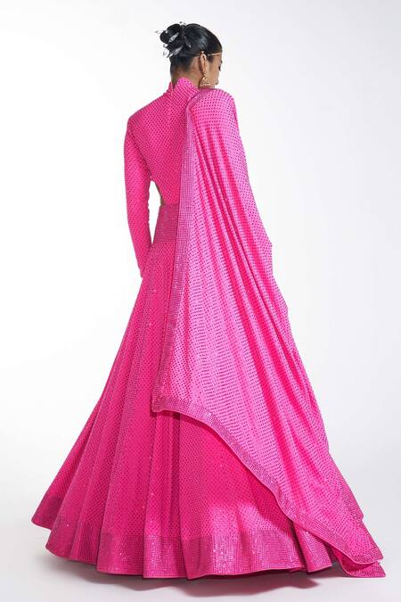 Shop_Itrh_Pink  Lining Butter Crystal High Bodysuit And Lehenga Set_at_Aza_Fashions