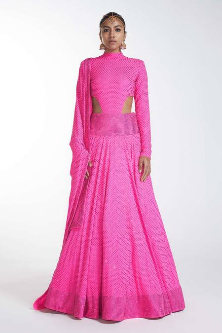 Itrh_Pink  Lining Butter Crystal High Bodysuit And Lehenga Set_Online_at_Aza_Fashions