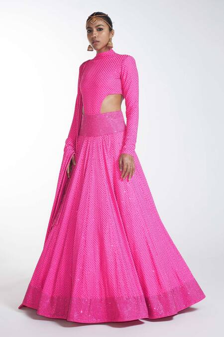 Buy_Itrh_Pink  Lining Butter Crystal High Bodysuit And Lehenga Set_Online_at_Aza_Fashions