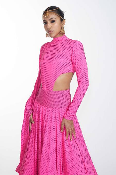 Shop_Itrh_Pink  Lining Butter Crystal High Bodysuit And Lehenga Set_Online_at_Aza_Fashions