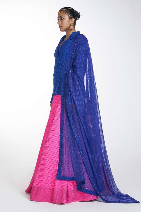 Itrh_Blue And Organza Lining Butter Lehenga And Blazer With Dupatta_Online_at_Aza_Fashions