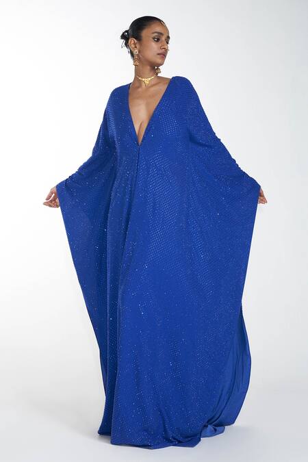 Shop_Itrh_Blue  Lining Butter Crystal V Neck Embellished Kaftan _Online_at_Aza_Fashions