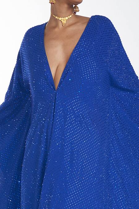 Itrh_Blue  Lining Butter Crystal V Neck Embellished Kaftan _at_Aza_Fashions