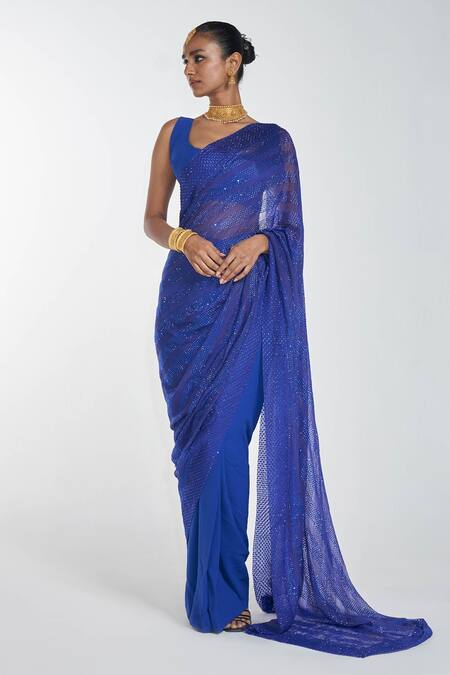 Buy_Itrh_Blue And Jersey Lining Butter Crystal Pre-draped Saree With Blouse_Online_at_Aza_Fashions