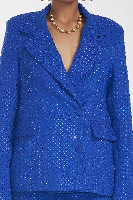 Buy_Itrh_Blue  Lining Butter Embellished Crystal Collared Blazer Pant Set_Online_at_Aza_Fashions
