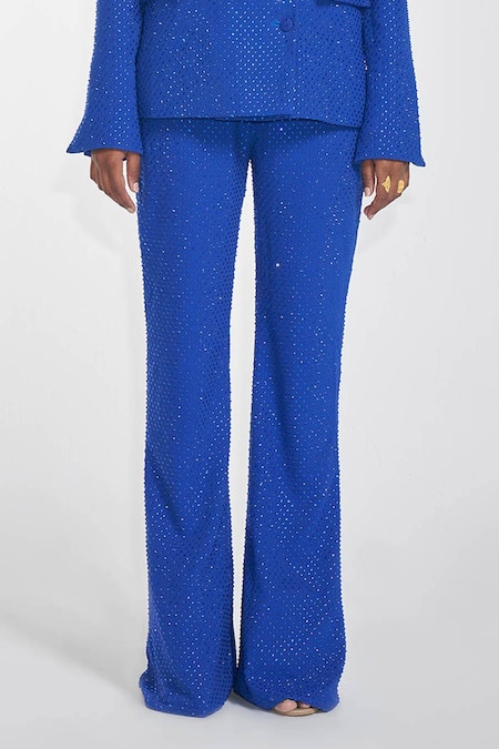 Shop_Itrh_Blue  Lining Butter Embellished Crystal Collared Blazer Pant Set_Online_at_Aza_Fashions