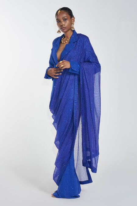 Buy_Itrh_Blue And Organza Lining Butter Blazer & Pant With Dupatta_Online_at_Aza_Fashions