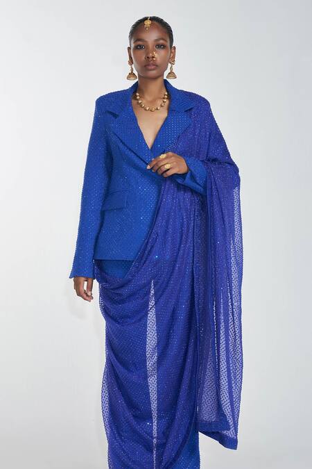 Shop_Itrh_Blue And Organza Lining Butter Blazer & Pant With Dupatta_Online_at_Aza_Fashions