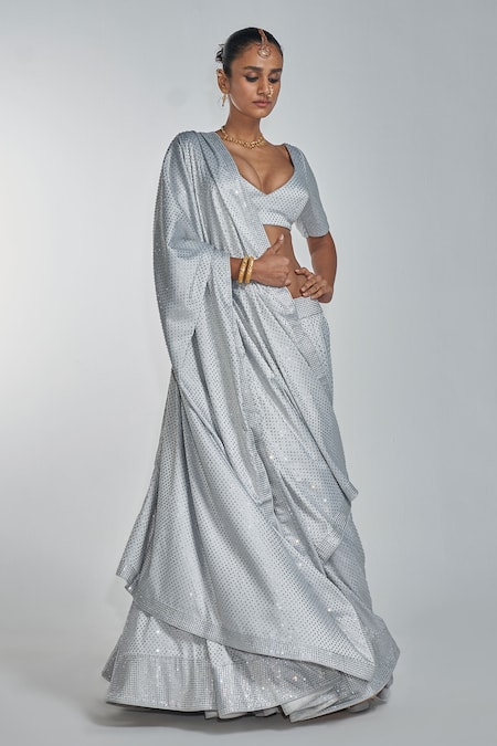 Itrh Silver Lining Butter Crystal V Neck Embellished Lehenga Set Online at Aza Fashions Itrh_Silver Lining Butter Crystal V Neck Embellished Lehenga Set_Online_at_Aza_Fashions