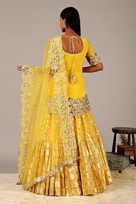 Shop_NIDHIKA SHEKHAR_Yellow Crepe U Neck Embellished Kurta Lehenga Set _at_Aza_Fashions
