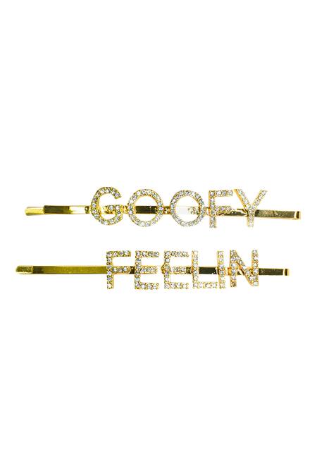 Hair Drama CO_Gold Crystal Slogan Hair Pins Set Of 2_Online_at_Aza_Fashions