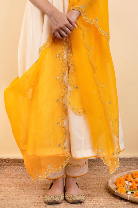 Buy_Pita Nila_Cream Chanderi, Silk Organza Embroidery, Sequins, Beads Kira Anarkali Set _Online_at_Aza_Fashions