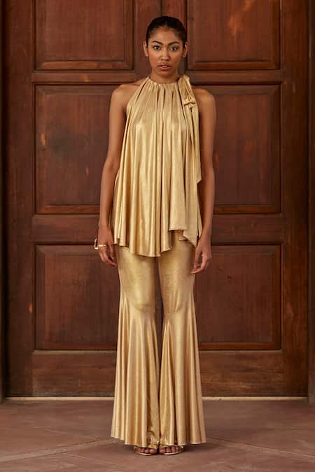 Buy_Dania Siddiqui_Gold Lycra Plain Round Aya Metallic Tie Up Top _Online_at_Aza_Fashions