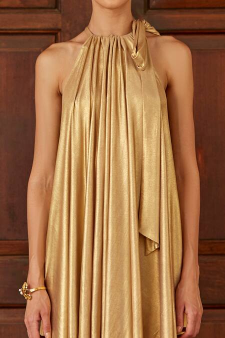 Shop_Dania Siddiqui_Gold Lycra Plain Round Layla Gathered Dress _Online_at_Aza_Fashions
