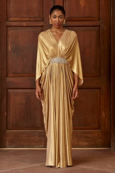 Dania Siddiqui Gold Satin, Lycra Crystal, Glass Bead V Neck Hathor Front Embellished Gown
