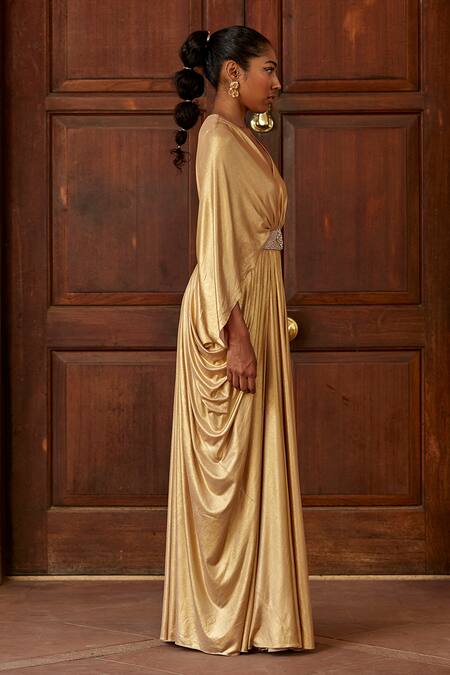 Dania Siddiqui_Gold Satin, Lycra Crystal, Glass Bead V Neck Hathor Front Embellished Gown _Online_at_Aza_Fashions