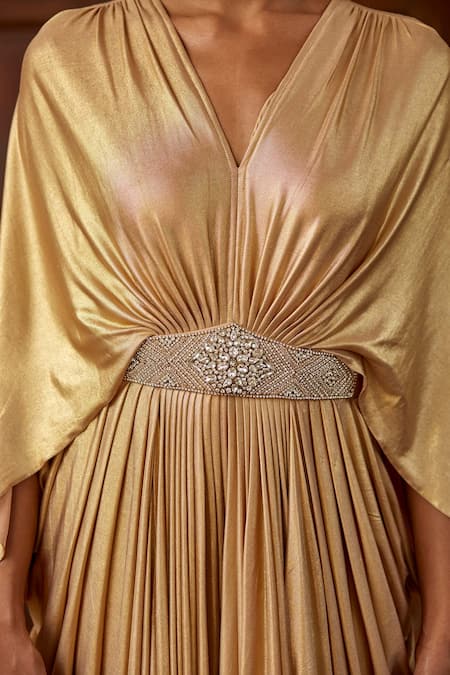 Shop_Dania Siddiqui_Gold Satin, Lycra Crystal, Glass Bead V Neck Hathor Front Embellished Gown _Online_at_Aza_Fashions