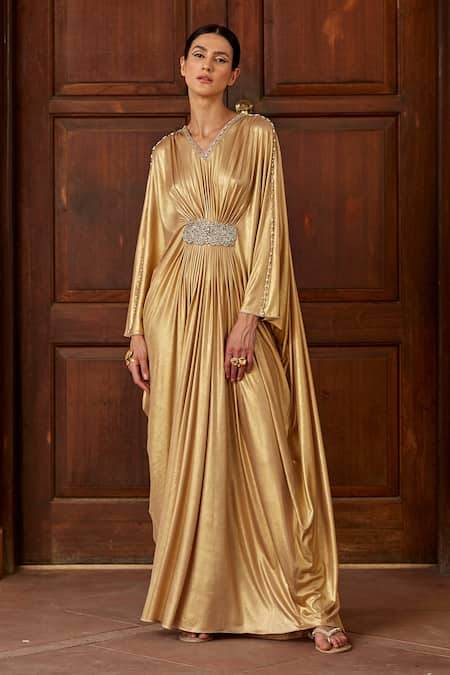 Dania Siddiqui Gold Lycra Embellished Glass Bead V Neck Zahra Front Draped Kaftan  