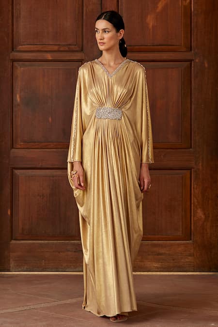 Dania Siddiqui Gold Lycra Crystal, Glass Bead V Neck Zahra Front Embellished Draped Kaftan Online at Aza Fashions Dania Siddiqui_Gold Lycra Crystal, Glass Bead V Neck Zahra Front Embellished Draped Kaftan _Online_at_Aza_Fashions