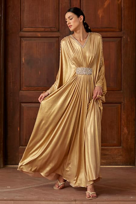 Buy Dania Siddiqui Gold Lycra Crystal, Glass Bead V Neck Zahra Front Embellished Draped Kaftan Online at Aza Fashions Buy_Dania Siddiqui_Gold Lycra Crystal, Glass Bead V Neck Zahra Front Embellished Draped Kaftan _Online_at_Aza_Fashions