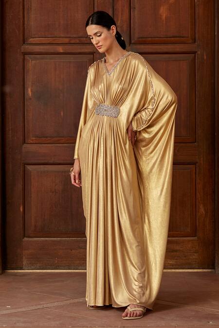 Shop Dania Siddiqui Gold Lycra Crystal, Glass Bead V Neck Zahra Front Embellished Draped Kaftan Online at Aza Fashions Shop_Dania Siddiqui_Gold Lycra Crystal, Glass Bead V Neck Zahra Front Embellished Draped Kaftan _Online_at_Aza_Fashions
