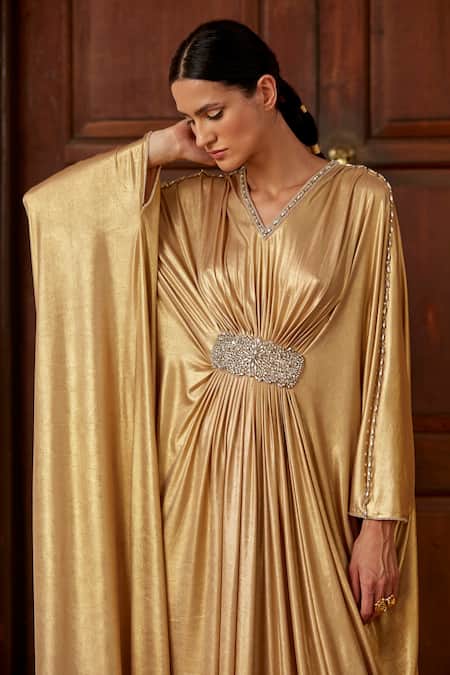Dania Siddiqui Gold Lycra Crystal, Glass Bead V Neck Zahra Front Embellished Draped Kaftan at Aza Fashions Dania Siddiqui_Gold Lycra Crystal, Glass Bead V Neck Zahra Front Embellished Draped Kaftan _at_Aza_Fashions