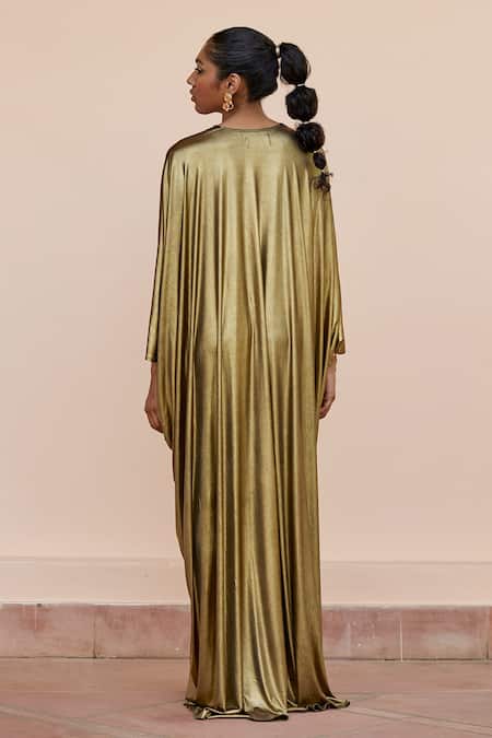 Shop_Dania Siddiqui_Gold Lycra Crystal, Glass Bead V Neck Cleopatra Front Embellished Draped Kaftan _at_Aza_Fashions