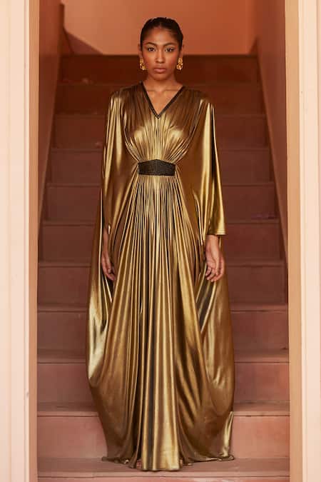 Buy_Dania Siddiqui_Gold Lycra Crystal, Glass Bead V Neck Cleopatra Front Embellished Draped Kaftan _Online_at_Aza_Fashions